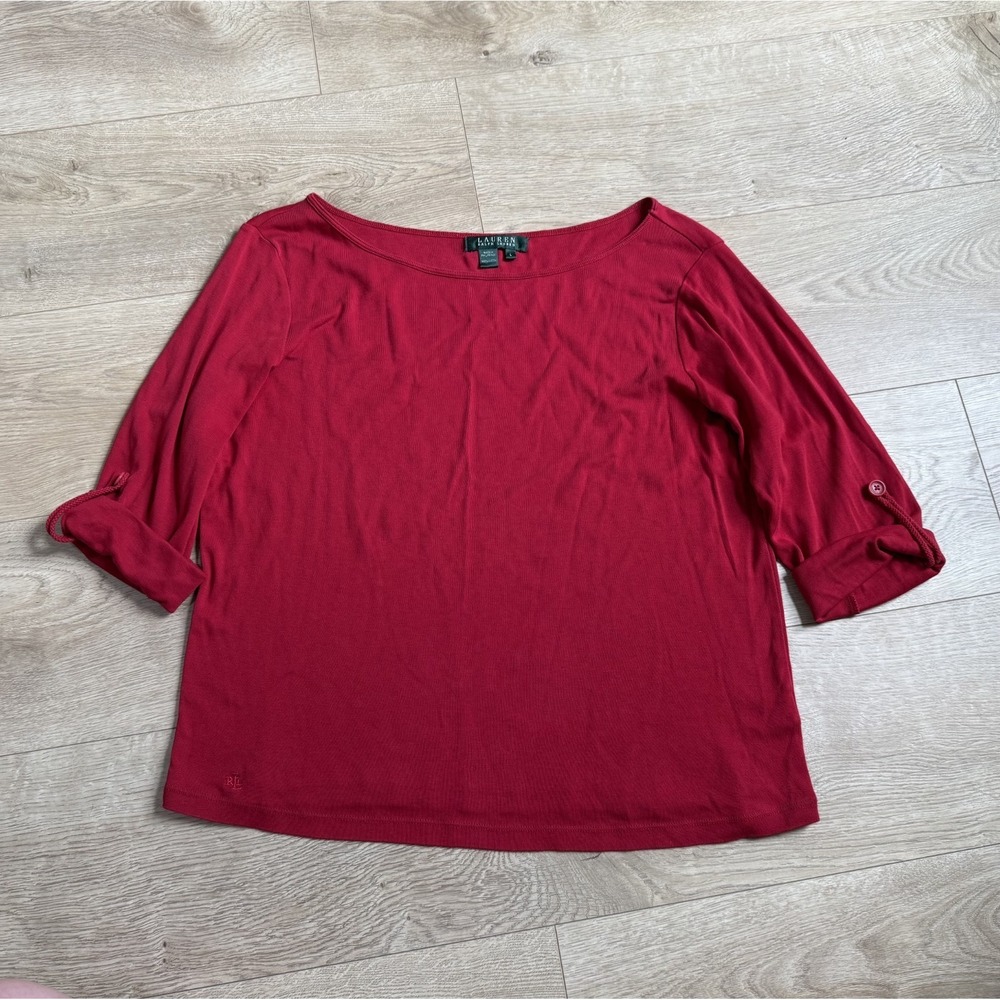 Womens Lauren Ralph Lauren red roll tab sleeve tshirt 100% cotton size L